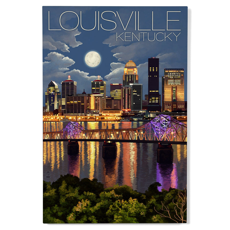 Louisville, Kentucky, Skyline at Night, Lantern Press Artwork, Wood Signs and Postcards Wood Lantern Press 