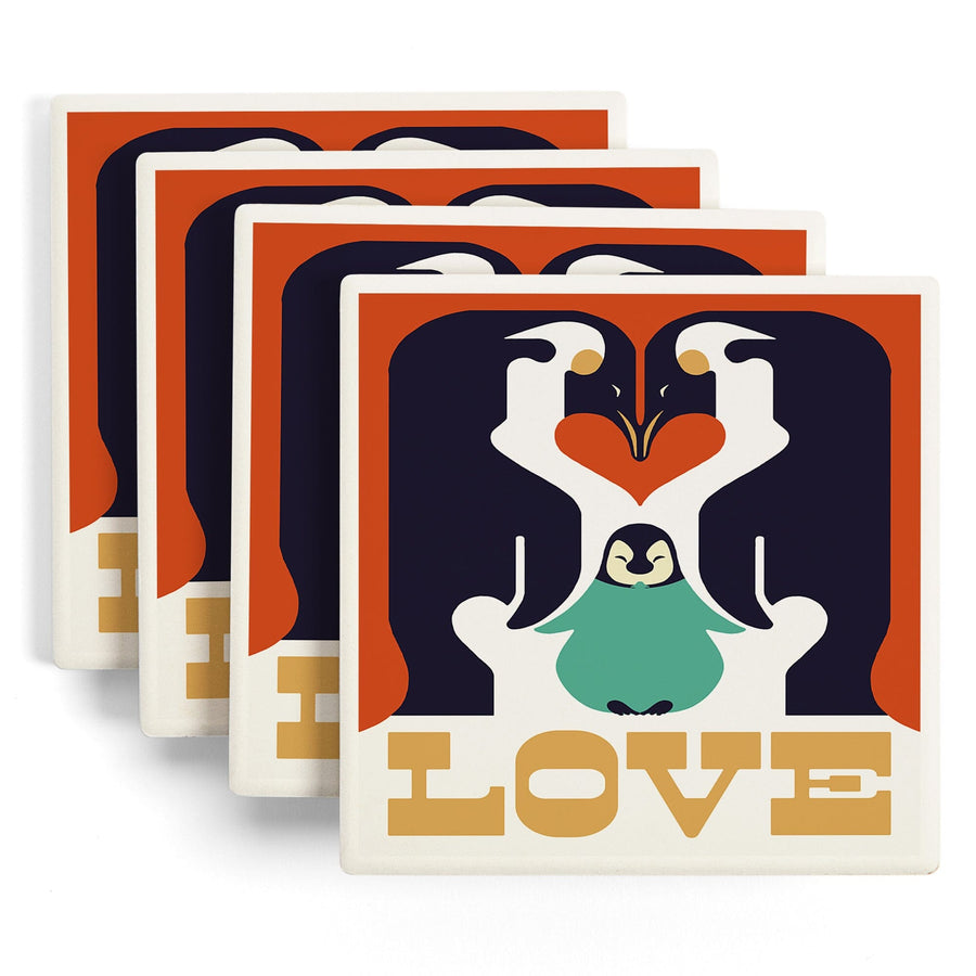 Love, Penguin, Retro Christmas, Lantern Press Artwork, Coaster Set - Lantern Press