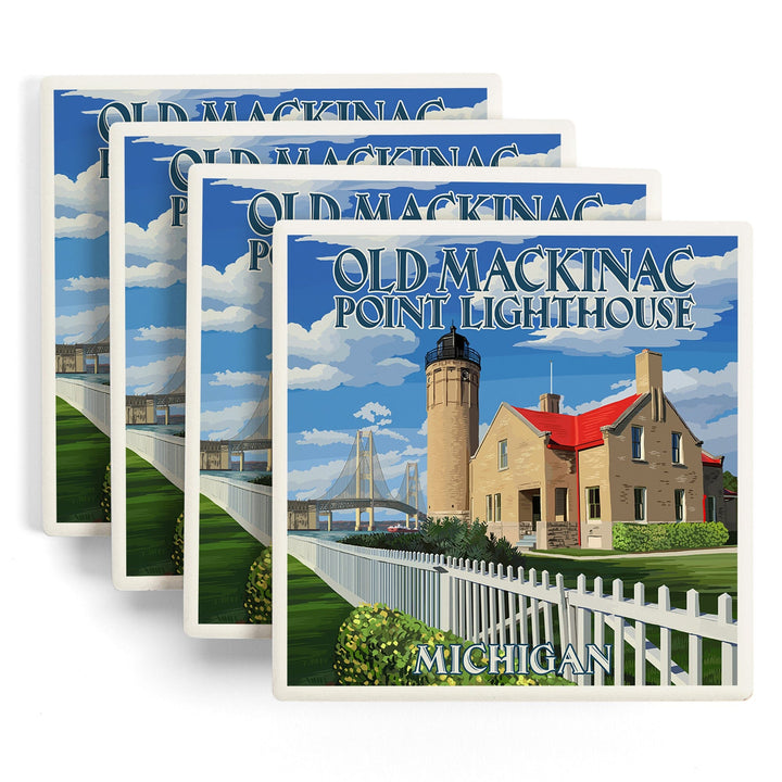 Mackinac Island, Michigan, Old Mackinac Lighthouse, Lantern Press Artwork, Coaster Set - Lantern Press