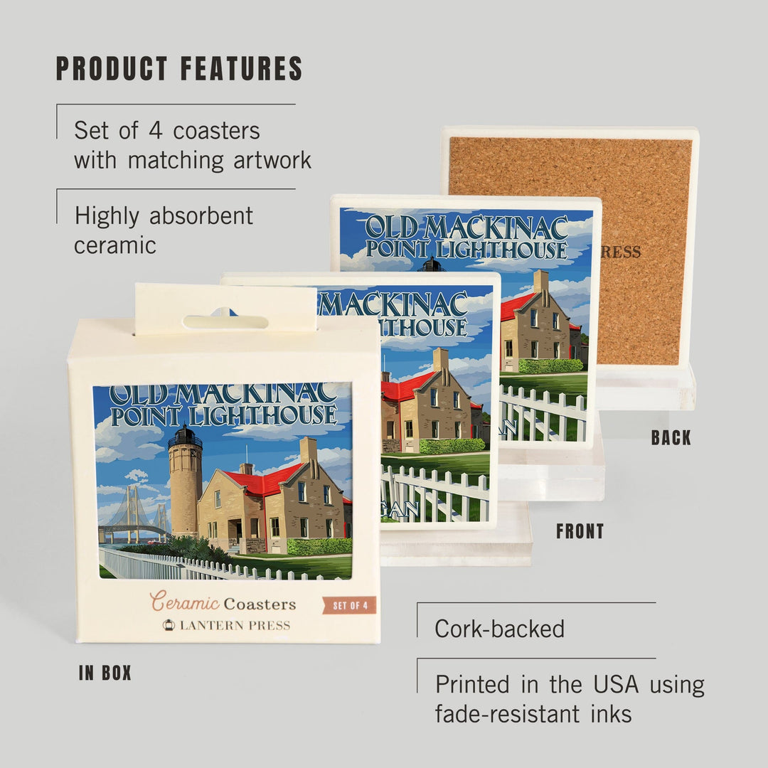 Mackinac Island, Michigan, Old Mackinac Lighthouse, Lantern Press Artwork, Coaster Set - Lantern Press