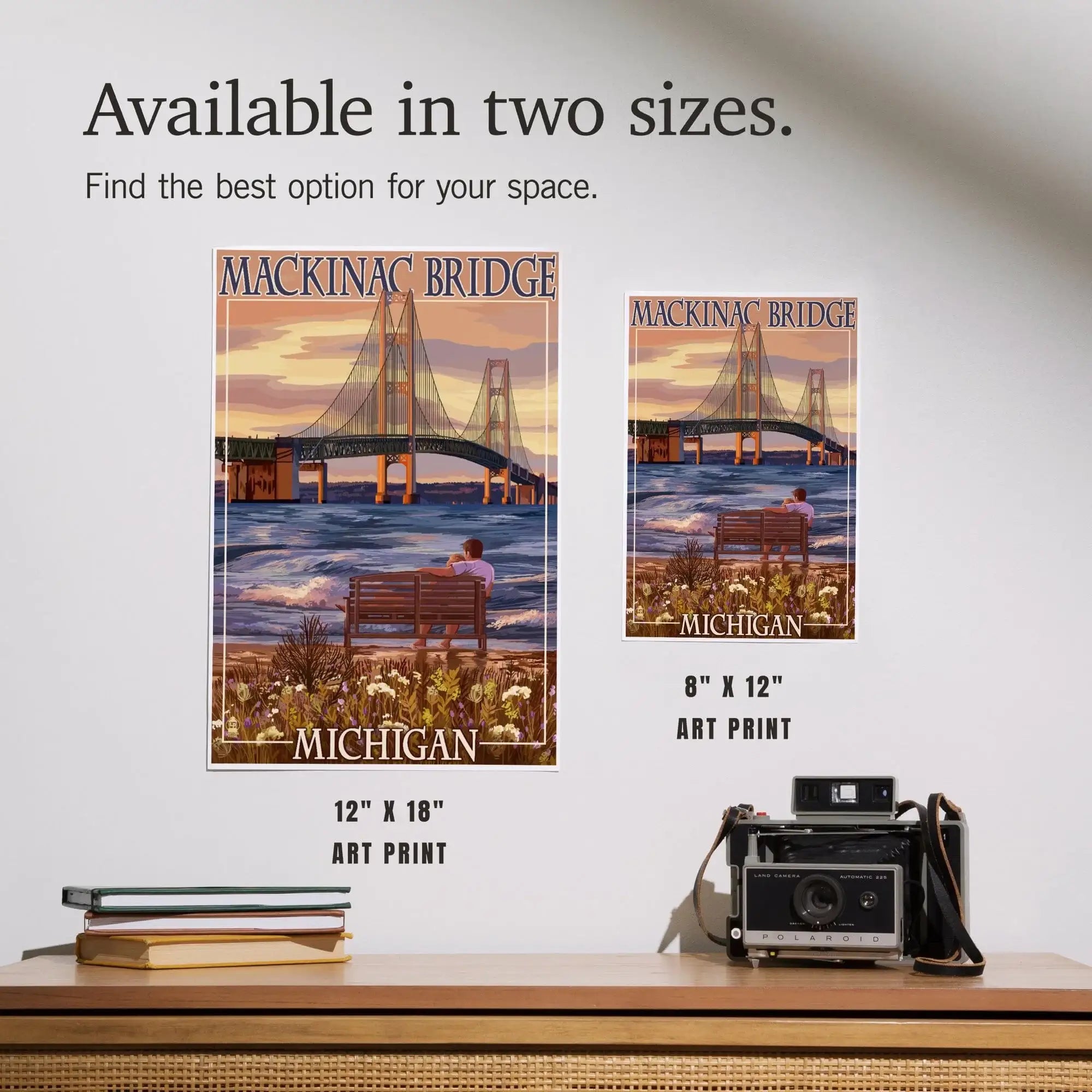 Mackinac, Michigan, Mackinac Bridge and Sunset art prints, metal