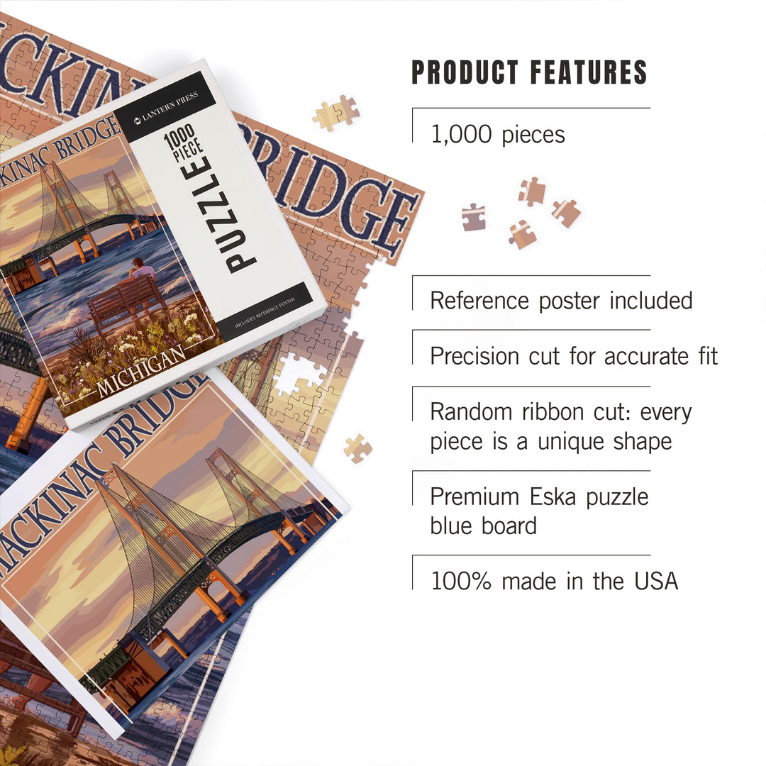 Mackinac, Michigan, Mackinac Bridge and Sunset, Jigsaw Puzzle Puzzle Lantern Press 