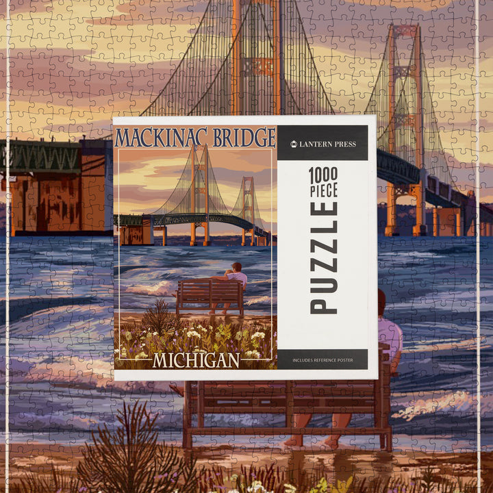 Mackinac, Michigan, Mackinac Bridge and Sunset, Jigsaw Puzzle Puzzle Lantern Press 