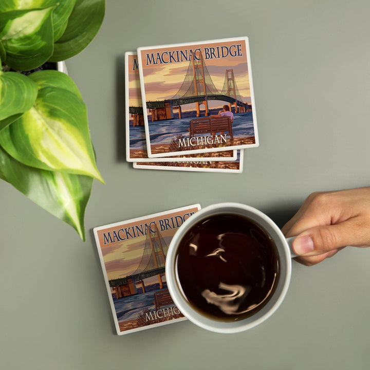 Mackinac, Michigan, Mackinac Bridge & Sunset, Lantern Press Artwork, Coaster Set - Lantern Press