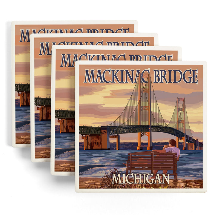 Mackinac, Michigan, Mackinac Bridge & Sunset, Lantern Press Artwork, Coaster Set - Lantern Press