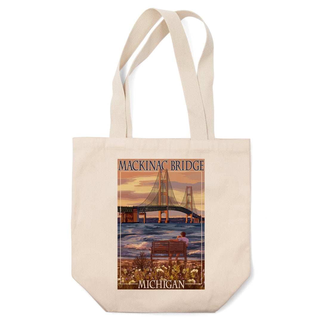 Mackinac, Michigan, Mackinac Bridge & Sunset, Lantern Press Artwork, Tote Bag Totes Lantern Press 
