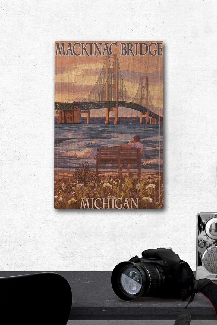 Mackinac, Michigan, Mackinac Bridge & Sunset, Lantern Press Artwork, Wood Signs and Postcards Wood Lantern Press 12 x 18 Wood Gallery Print 