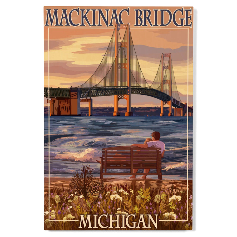 Mackinac, Michigan, Mackinac Bridge & Sunset, Lantern Press Artwork, Wood Signs and Postcards Wood Lantern Press 