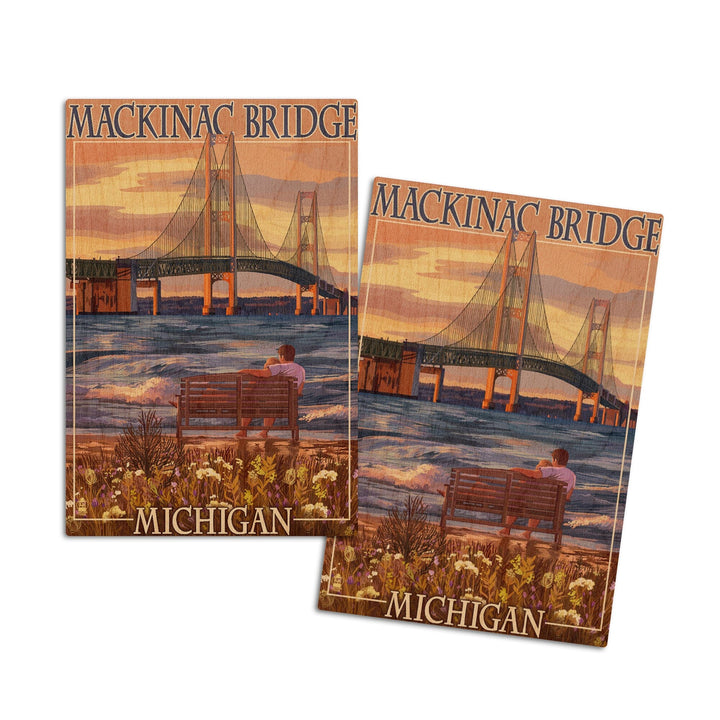 Mackinac, Michigan, Mackinac Bridge & Sunset, Lantern Press Artwork, Wood Signs and Postcards Wood Lantern Press 4x6 Wood Postcard Set 