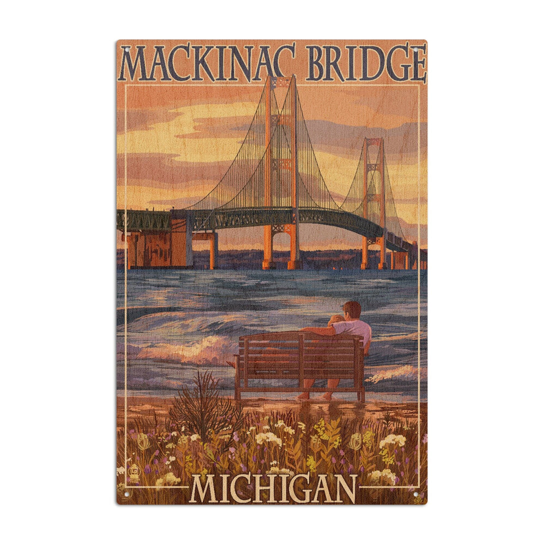 Mackinac, Michigan, Mackinac Bridge & Sunset, Lantern Press Artwork, Wood Signs and Postcards Wood Lantern Press 6x9 Wood Sign 