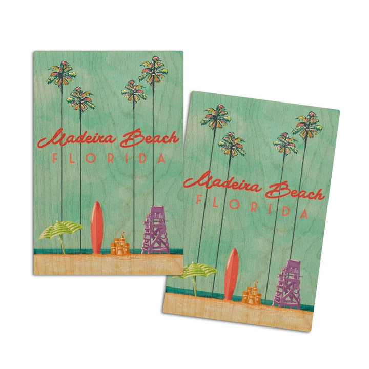 Madeira Beach, Florida, Tall Palms Beach Scene, Lantern Press Artwork, Wood Signs and Postcards Wood Lantern Press 4x6 Wood Postcard Set 