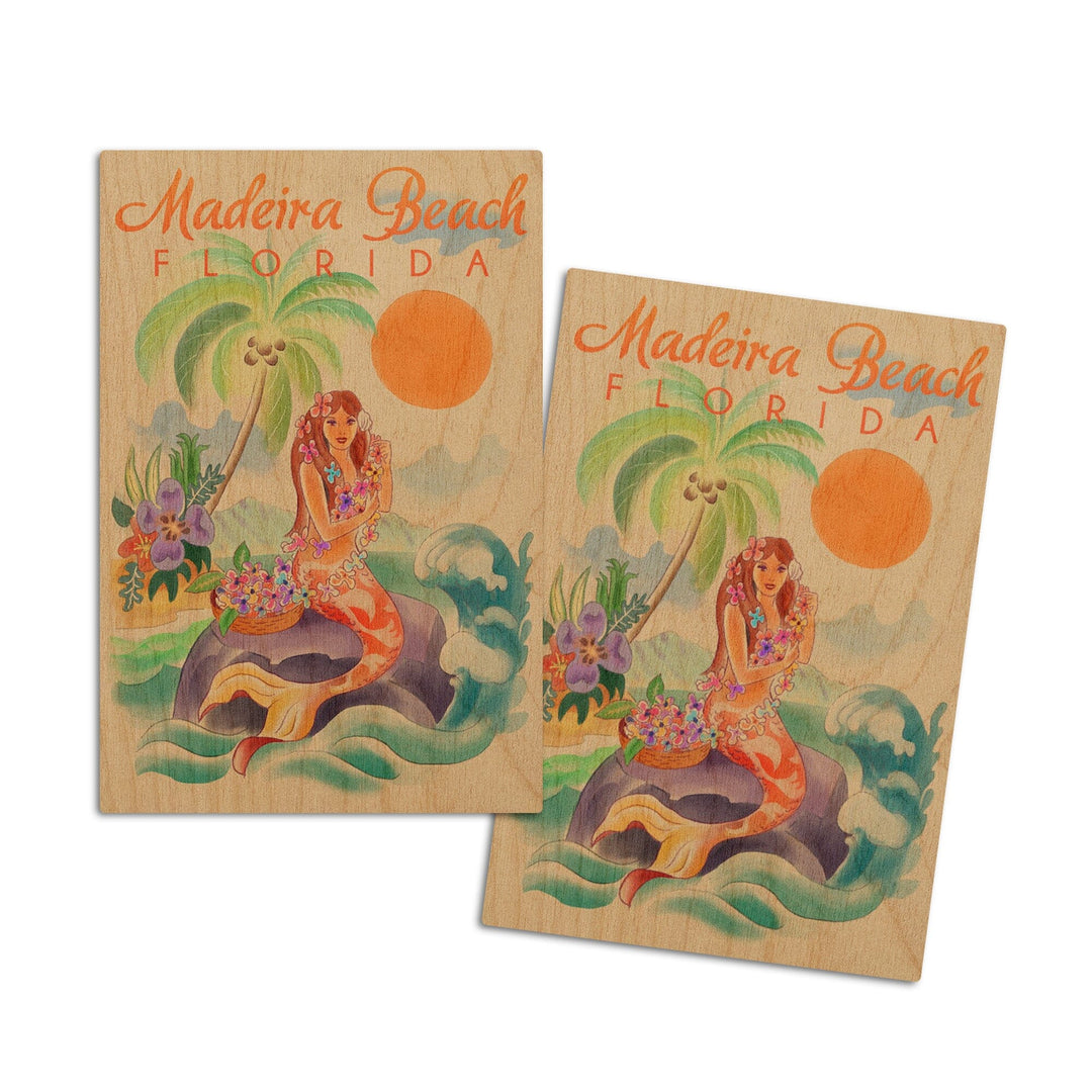 Madeira Beach, Florida, Tropical Mermaid, Lantern Press Artwork, Wood Signs and Postcards Wood Lantern Press 4x6 Wood Postcard Set 