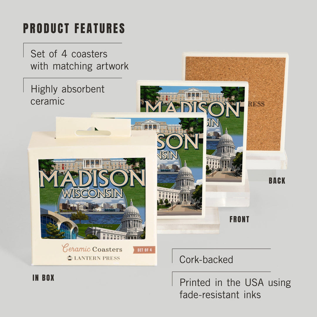 Madison, Wisconsin, Montage Scenes, Coasters Coasters Lantern Press 