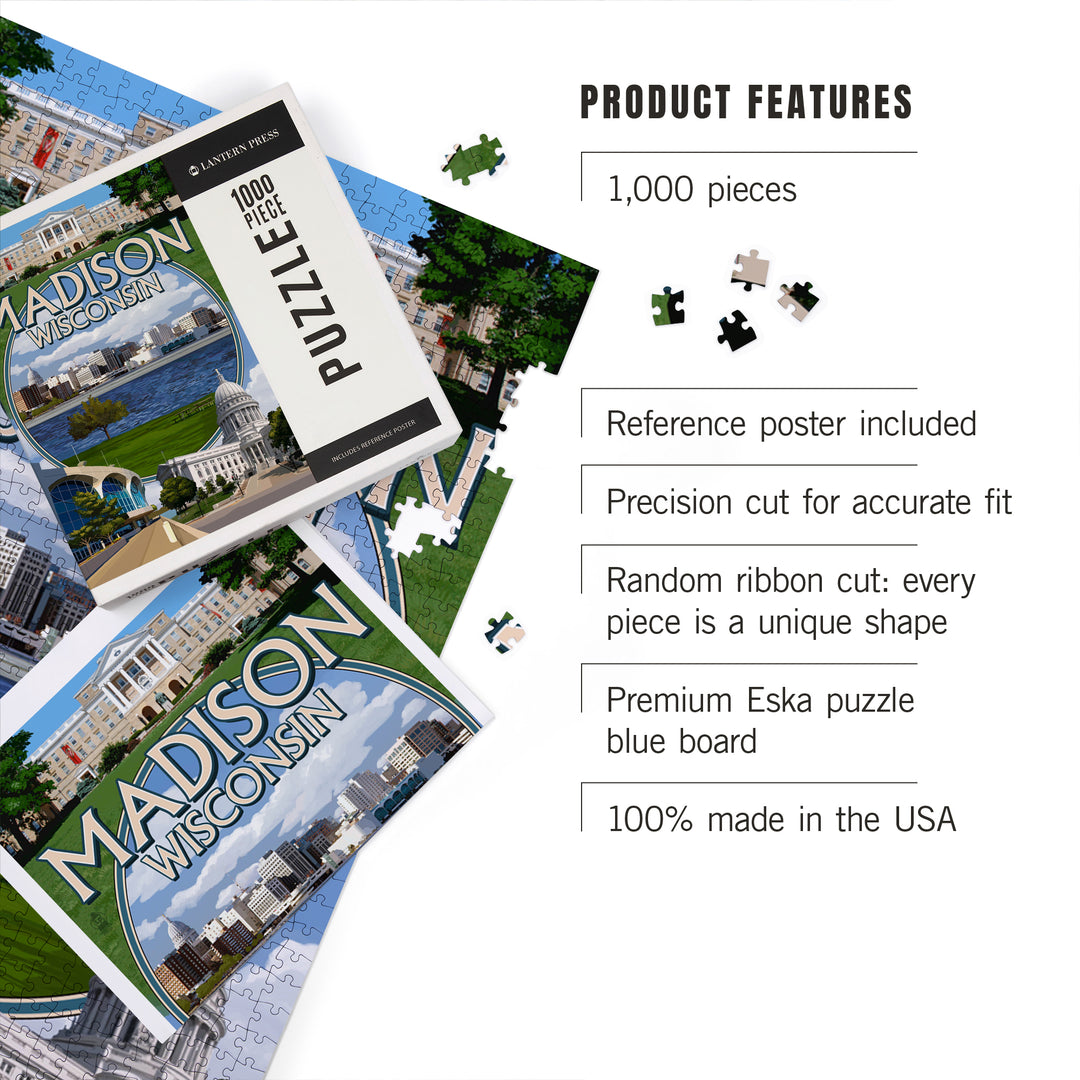 Madison, Wisconsin, Montage Scenes, Jigsaw Puzzle Puzzle Lantern Press 