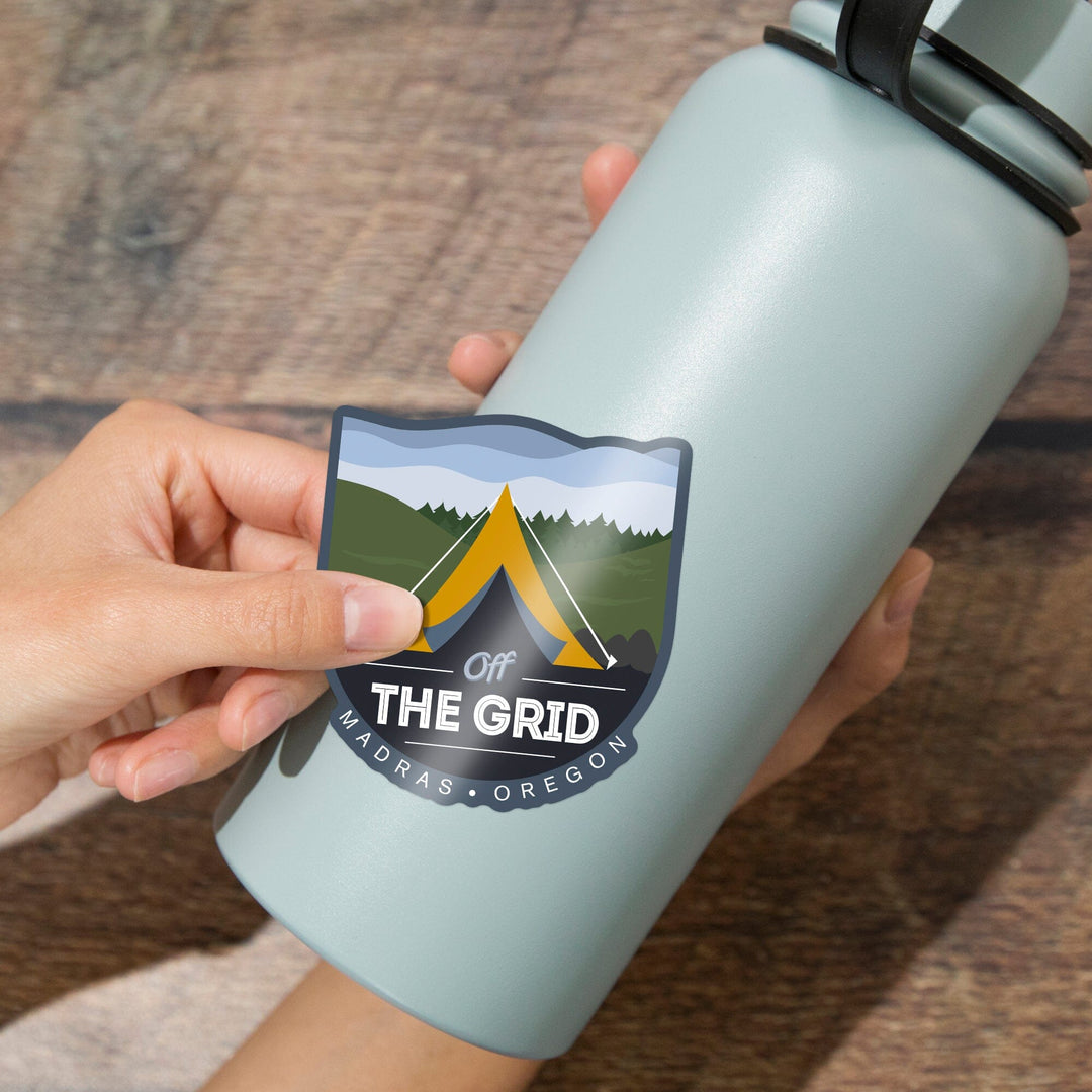 Madras, Oregon, Off the Grid (Tent), Vector Style, Rounded Hills, Contour, Vinyl Sticker Sticker Lantern Press 