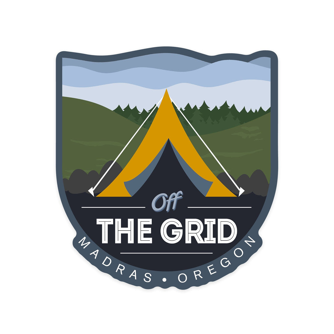 Madras, Oregon, Off the Grid (Tent), Vector Style, Rounded Hills, Contour, Vinyl Sticker Sticker Lantern Press 