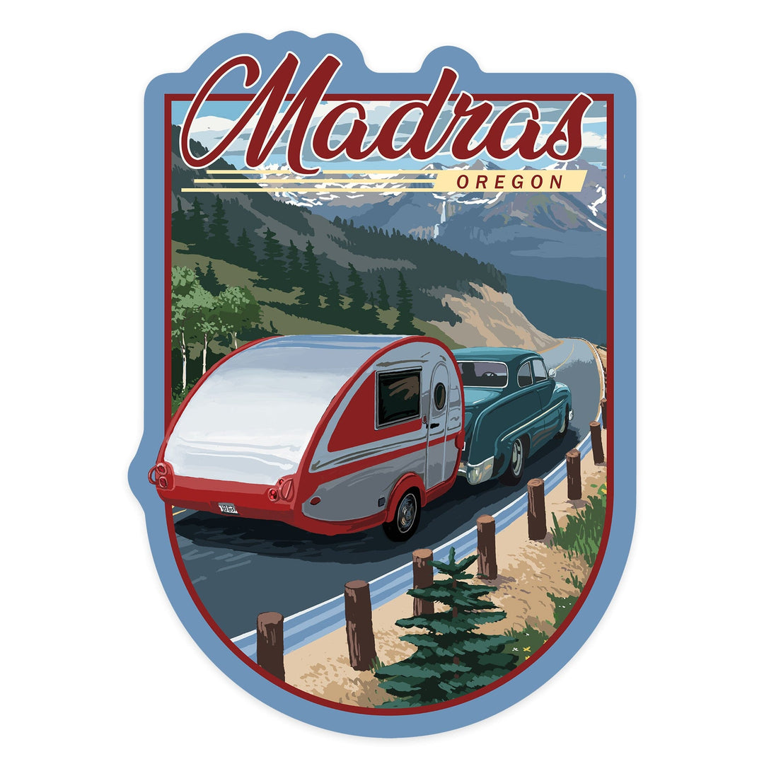 Madras, Oregon, Retro Camper on Road, Contour, Vinyl Sticker Sticker Lantern Press 