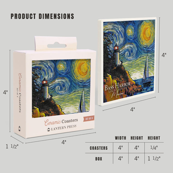 Maine, Bass Harbor Lighthouse, Starry Night, Lantern Press Artwork, Coaster Set - Lantern Press