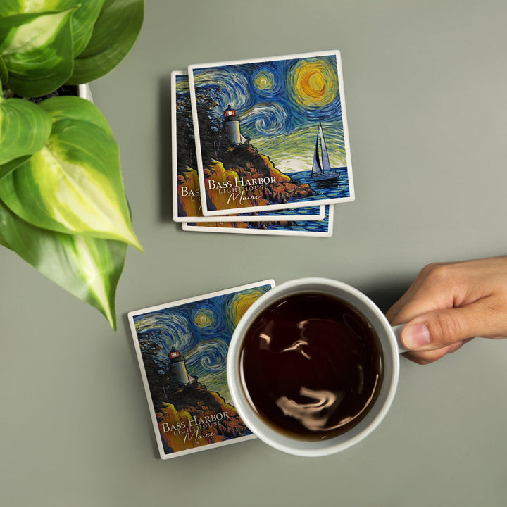 Maine, Bass Harbor Lighthouse, Starry Night, Lantern Press Artwork, Coaster Set - Lantern Press