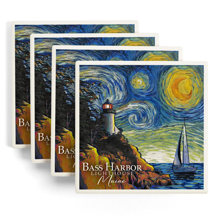 Maine, Bass Harbor Lighthouse, Starry Night, Lantern Press Artwork, Coaster Set - Lantern Press