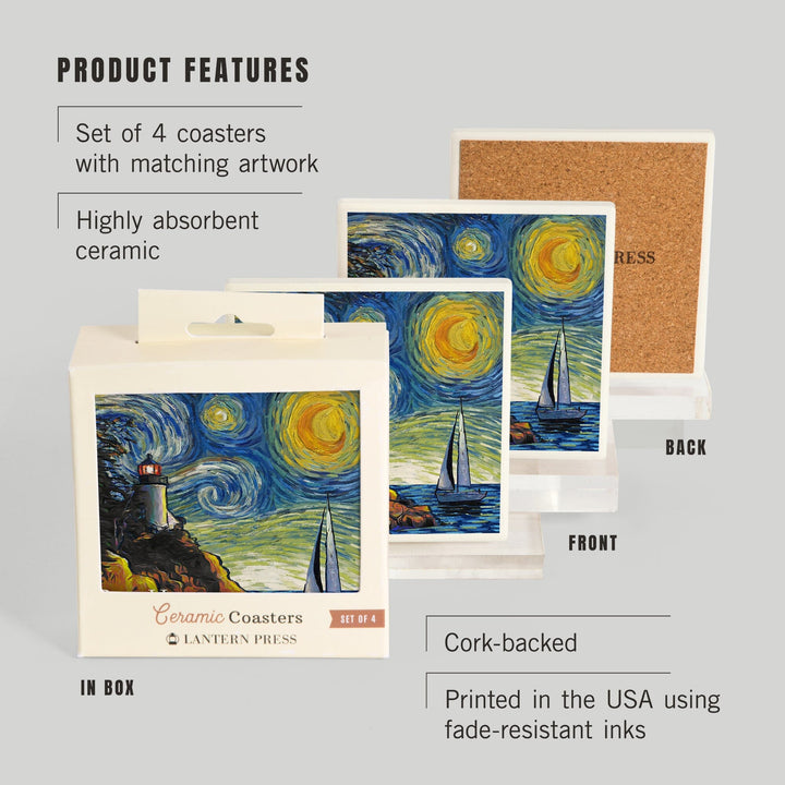 Maine, Bass Harbor Lighthouse, Starry Night, Lantern Press Artwork, Coaster Set - Lantern Press