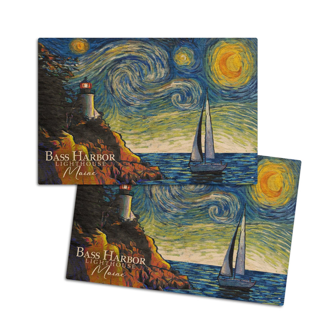 Maine, Bass Harbor Lighthouse, Starry Night, Lantern Press Artwork, Wood Signs and Postcards Wood Lantern Press 4x6 Wood Postcard Set 