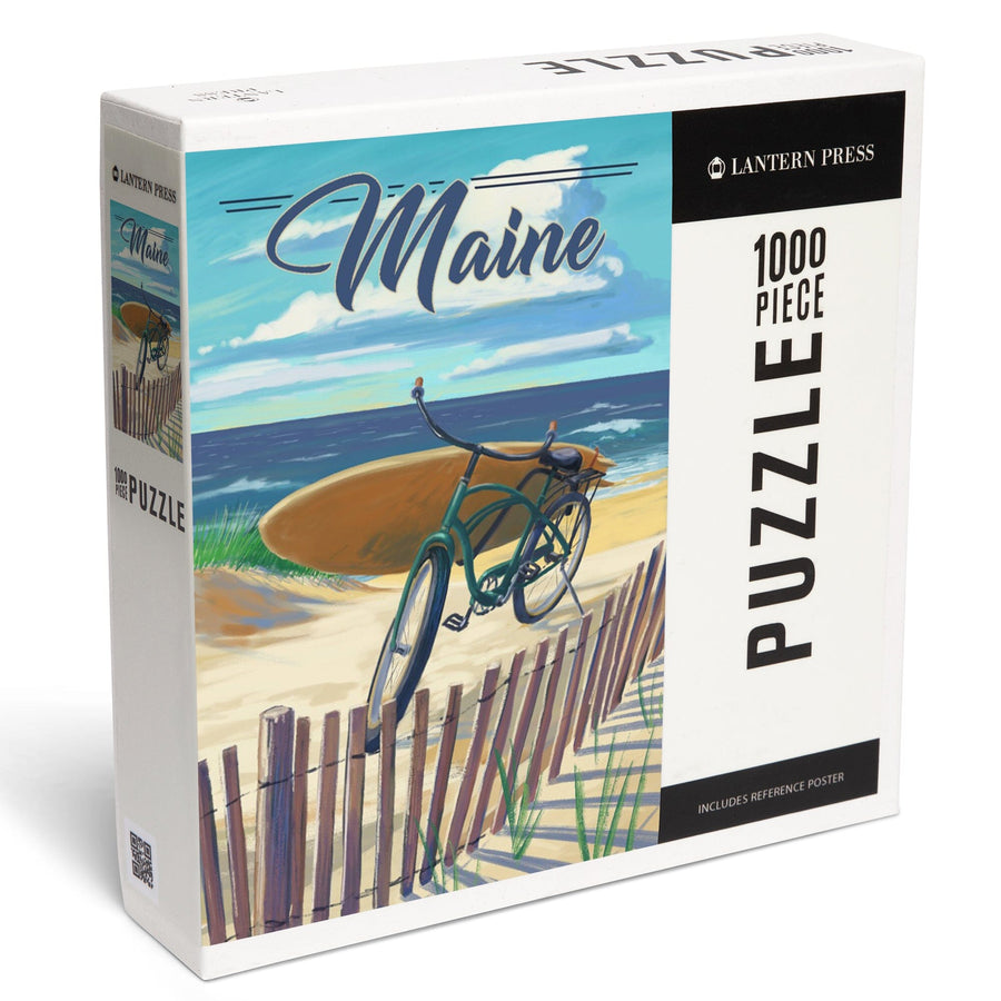 Maine, Beach Cruiser and Surfboard, Jigsaw Puzzle Puzzle Lantern Press 
