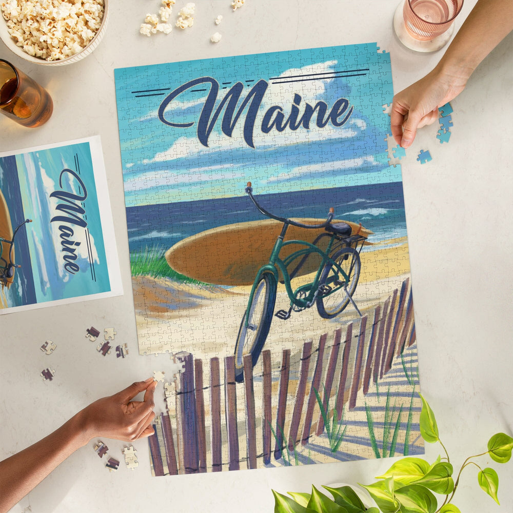 Maine, Beach Cruiser and Surfboard, Jigsaw Puzzle Puzzle Lantern Press 