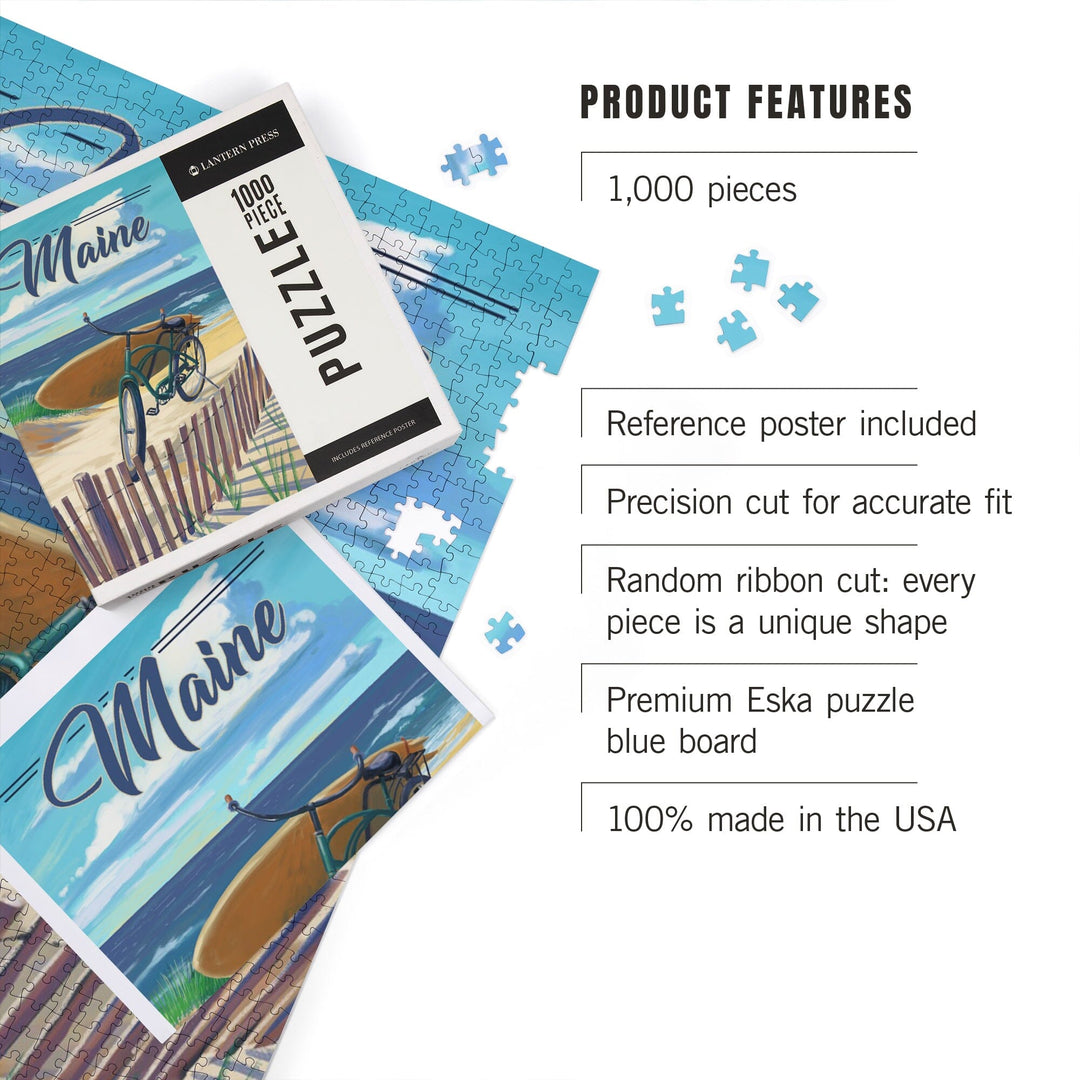 Maine, Beach Cruiser and Surfboard, Jigsaw Puzzle Puzzle Lantern Press 