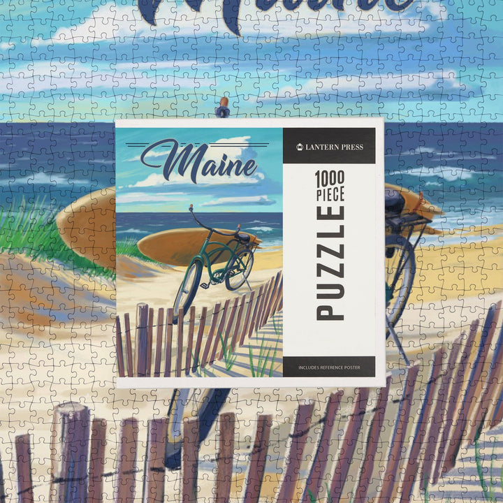 Maine, Beach Cruiser and Surfboard, Jigsaw Puzzle Puzzle Lantern Press 