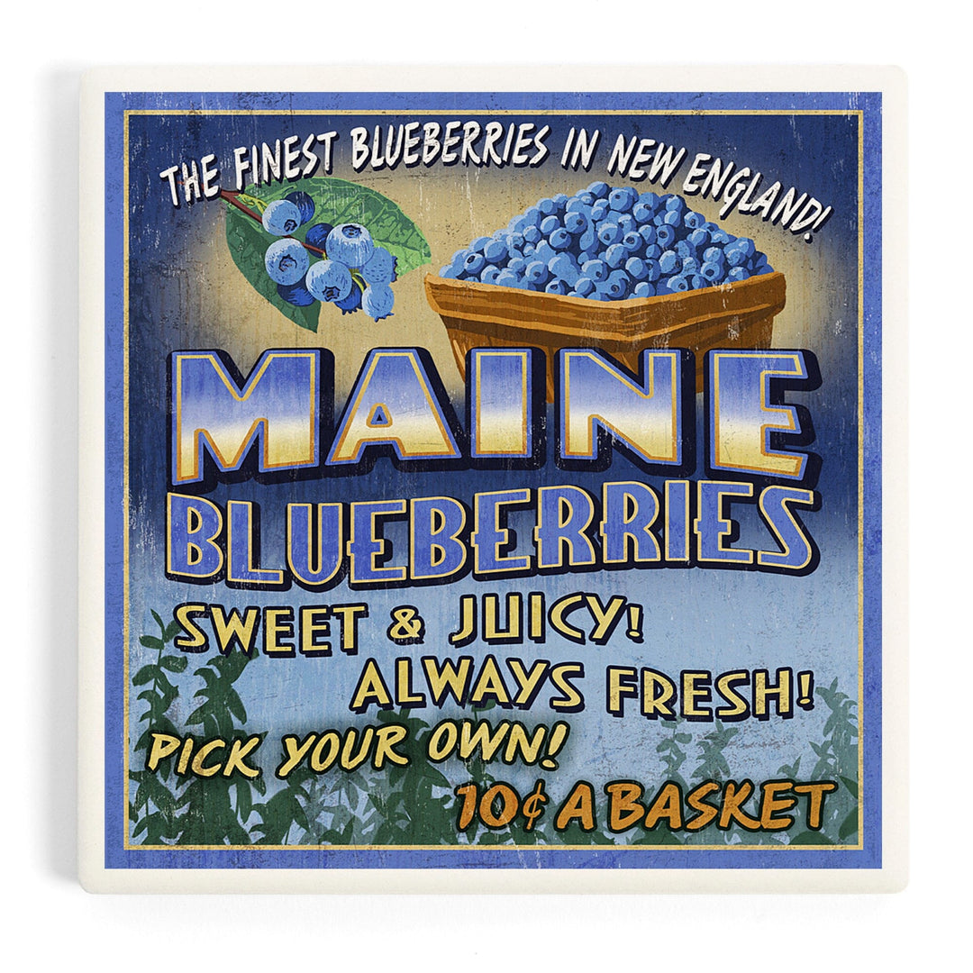 Maine, Blueberries Vintage Sign, Coasters Coasters Lantern Press 