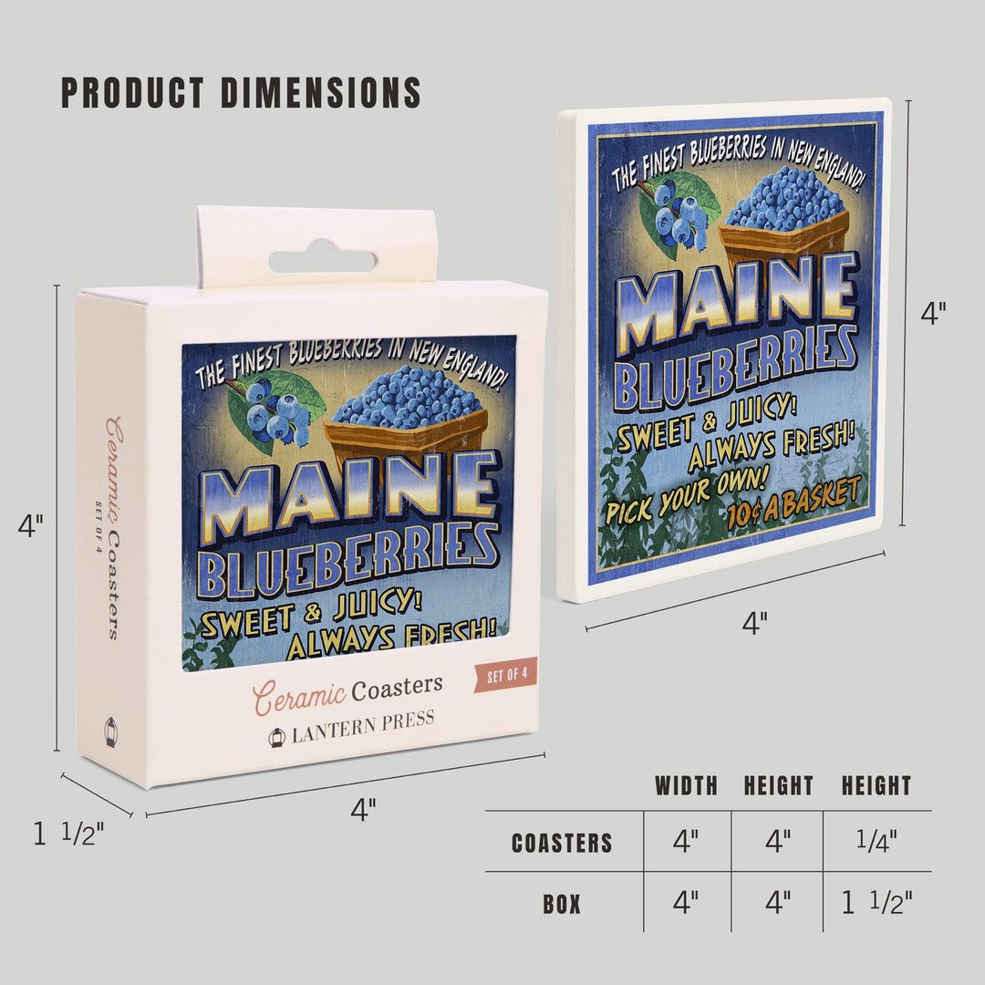 Maine, Blueberries Vintage Sign, Coasters Coasters Lantern Press 