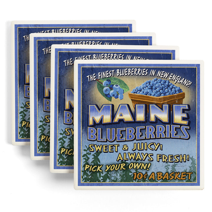 Maine, Blueberries Vintage Sign, Coasters Coasters Lantern Press 
