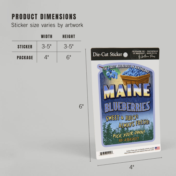 Maine, Blueberries Vintage Sign, Contour, Vinyl Sticker Sticker Lantern Press 