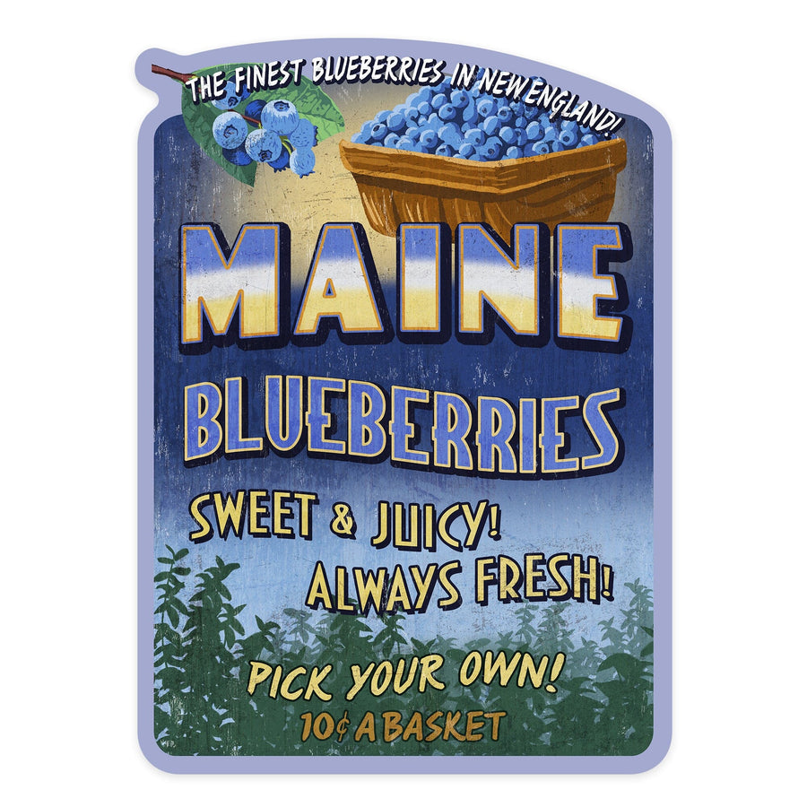 Maine, Blueberries Vintage Sign, Contour, Vinyl Sticker Sticker Lantern Press 