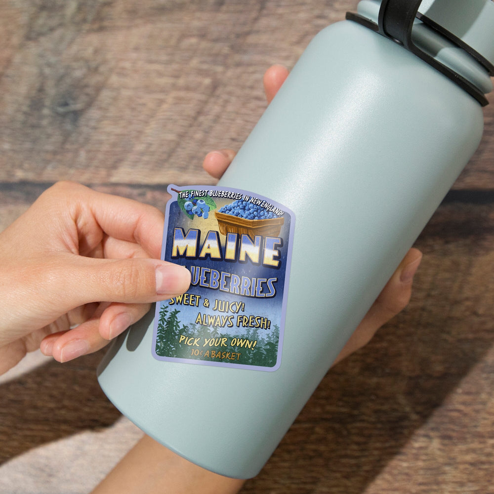 Maine, Blueberries Vintage Sign, Contour, Vinyl Sticker Sticker Lantern Press 