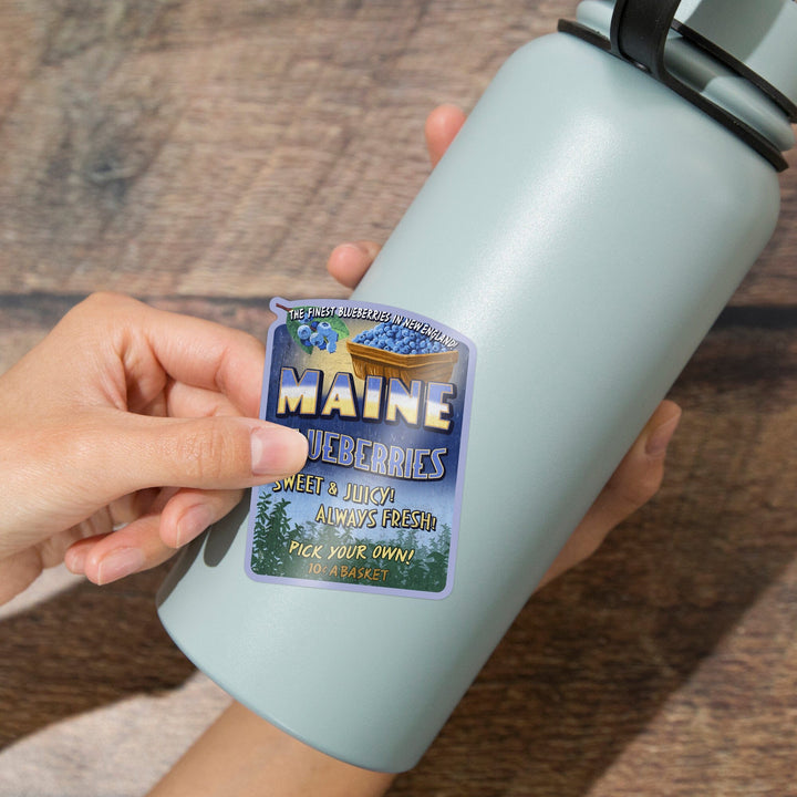 Maine, Blueberries Vintage Sign, Contour, Vinyl Sticker Sticker Lantern Press 