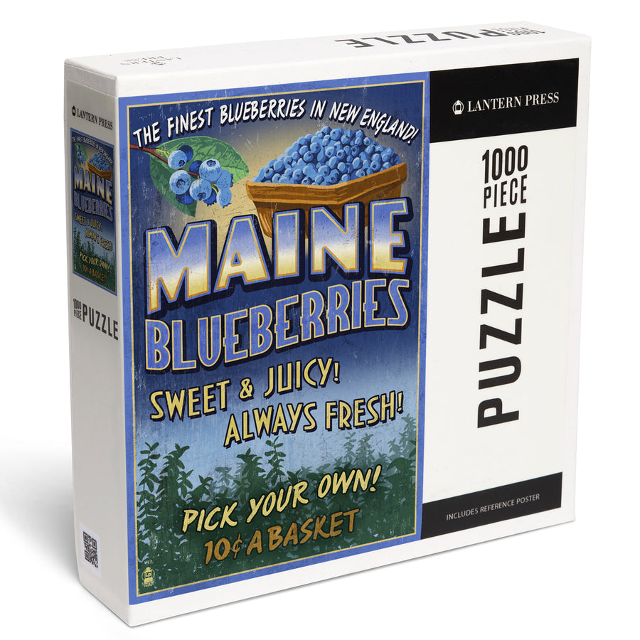 Maine, Blueberries Vintage Sign, Jigsaw Puzzle Puzzle Lantern Press 