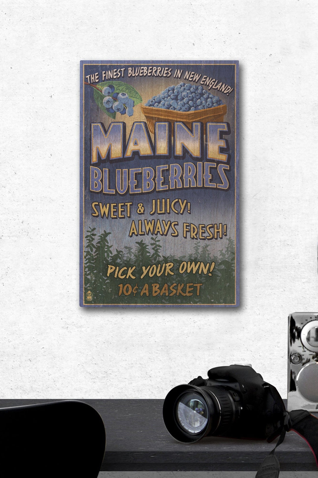 Maine, Blueberries Vintage Sign, Lantern Press Artwork, Wood Signs and Postcards Wood Lantern Press 12 x 18 Wood Gallery Print 