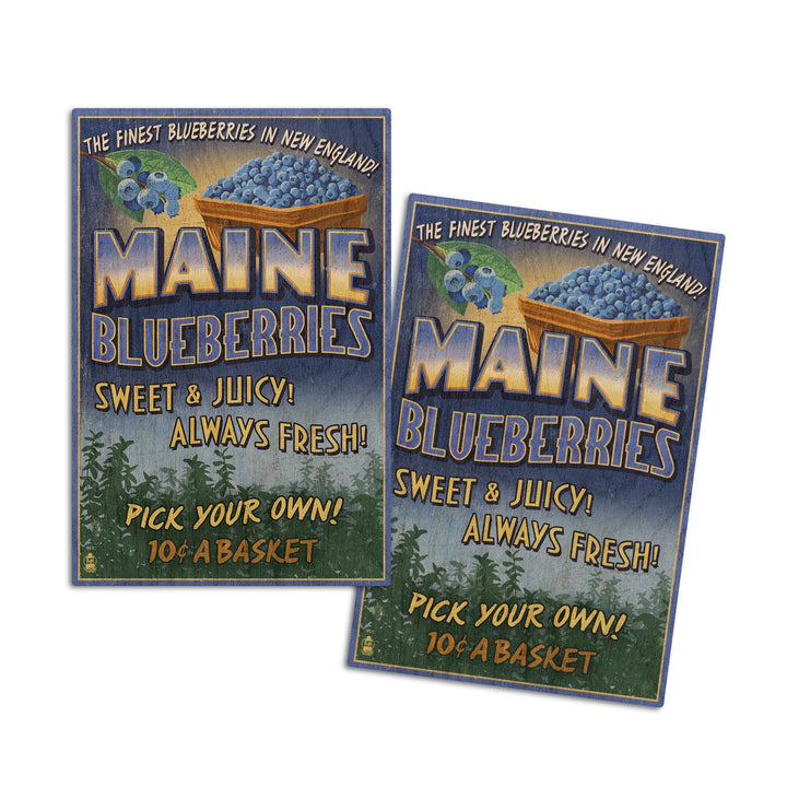 Maine, Blueberries Vintage Sign, Lantern Press Artwork, Wood Signs and Postcards Wood Lantern Press 4x6 Wood Postcard Set 