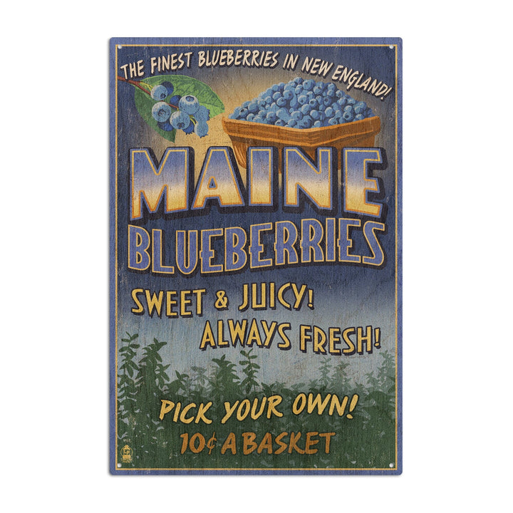 Maine, Blueberries Vintage Sign, Lantern Press Artwork, Wood Signs and Postcards Wood Lantern Press 6x9 Wood Sign 