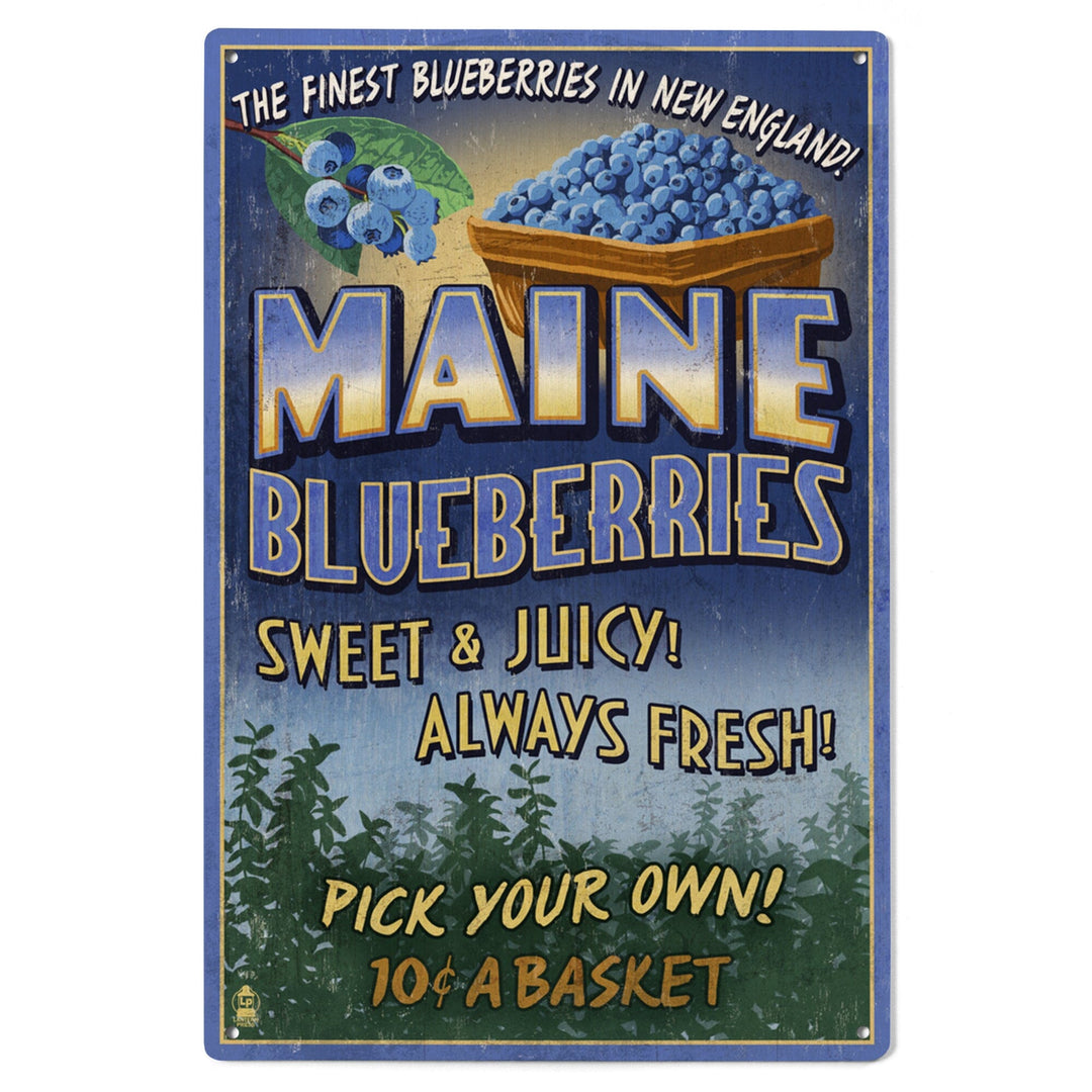 Maine, Blueberries Vintage Sign, Lantern Press Artwork, Wood Signs and Postcards Wood Lantern Press 