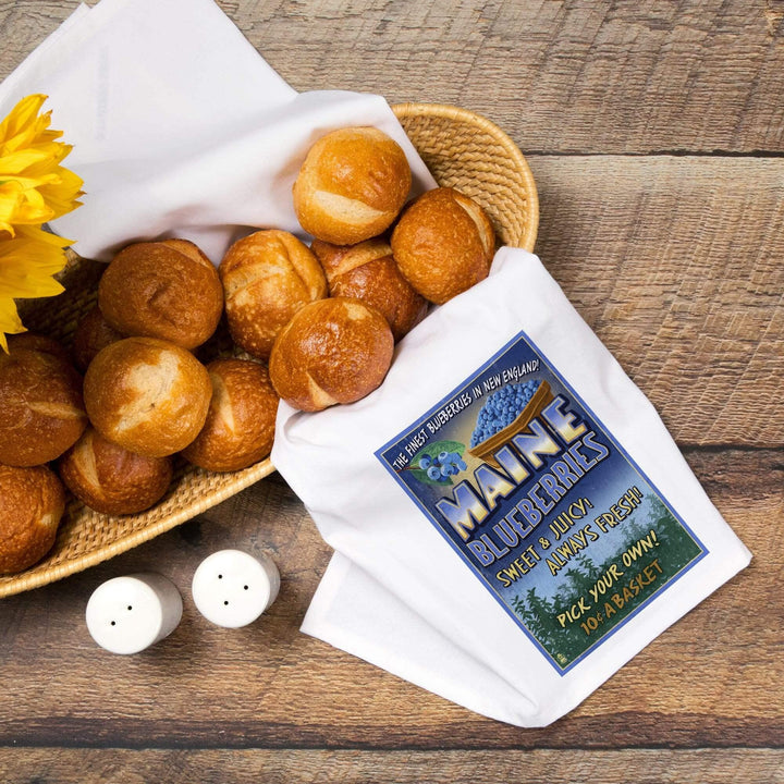 Maine, Blueberries Vintage Sign, Organic Cotton Kitchen Tea Towels Kitchen Lantern Press 