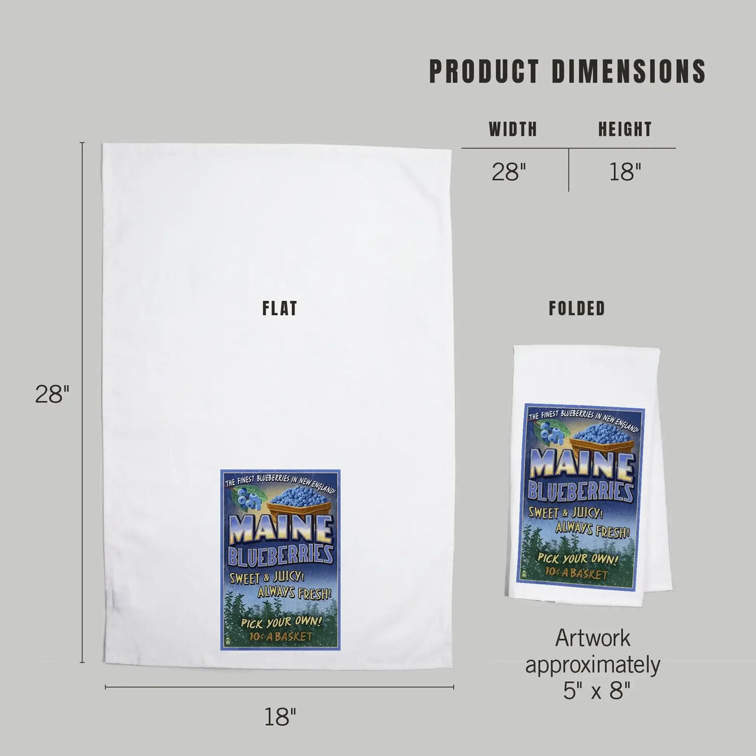 Maine, Blueberries Vintage Sign, Organic Cotton Kitchen Tea Towels Kitchen Lantern Press 