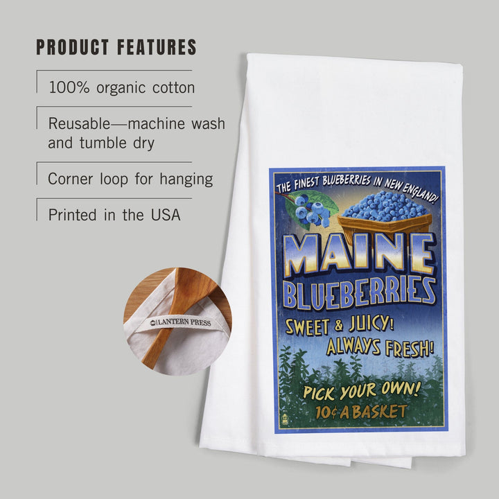 Maine, Blueberries Vintage Sign, Organic Cotton Kitchen Tea Towels Kitchen Lantern Press 