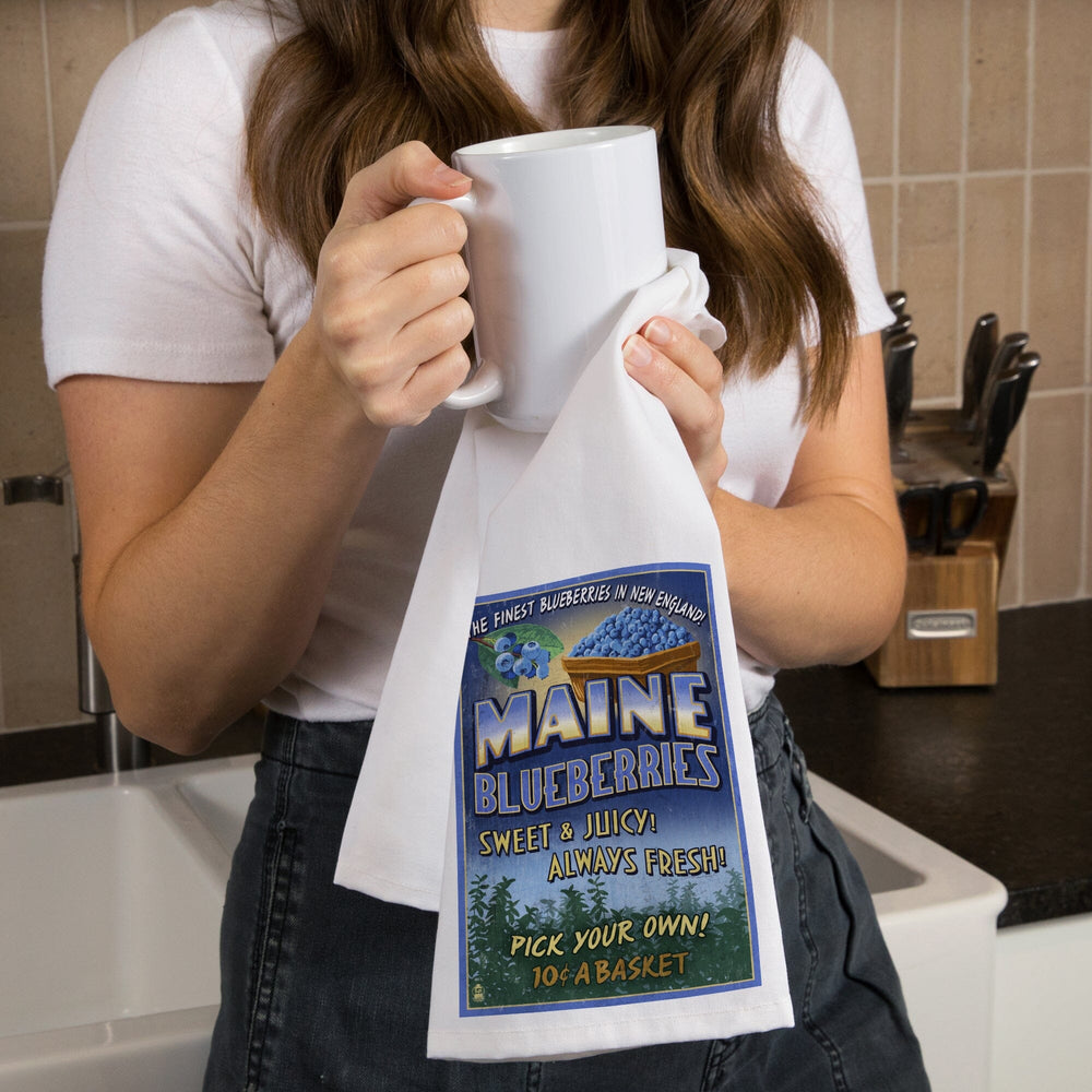 Maine, Blueberries Vintage Sign, Organic Cotton Kitchen Tea Towels Kitchen Lantern Press 