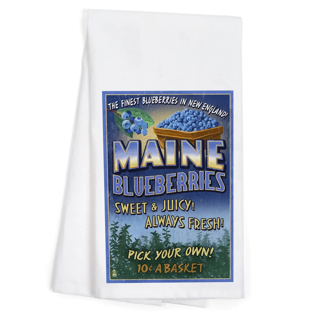 Maine, Blueberries Vintage Sign, Organic Cotton Kitchen Tea Towels Kitchen Lantern Press 
