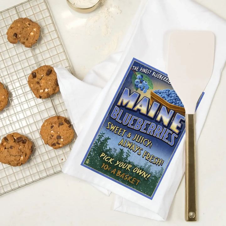 Maine, Blueberries Vintage Sign, Organic Cotton Kitchen Tea Towels Kitchen Lantern Press 