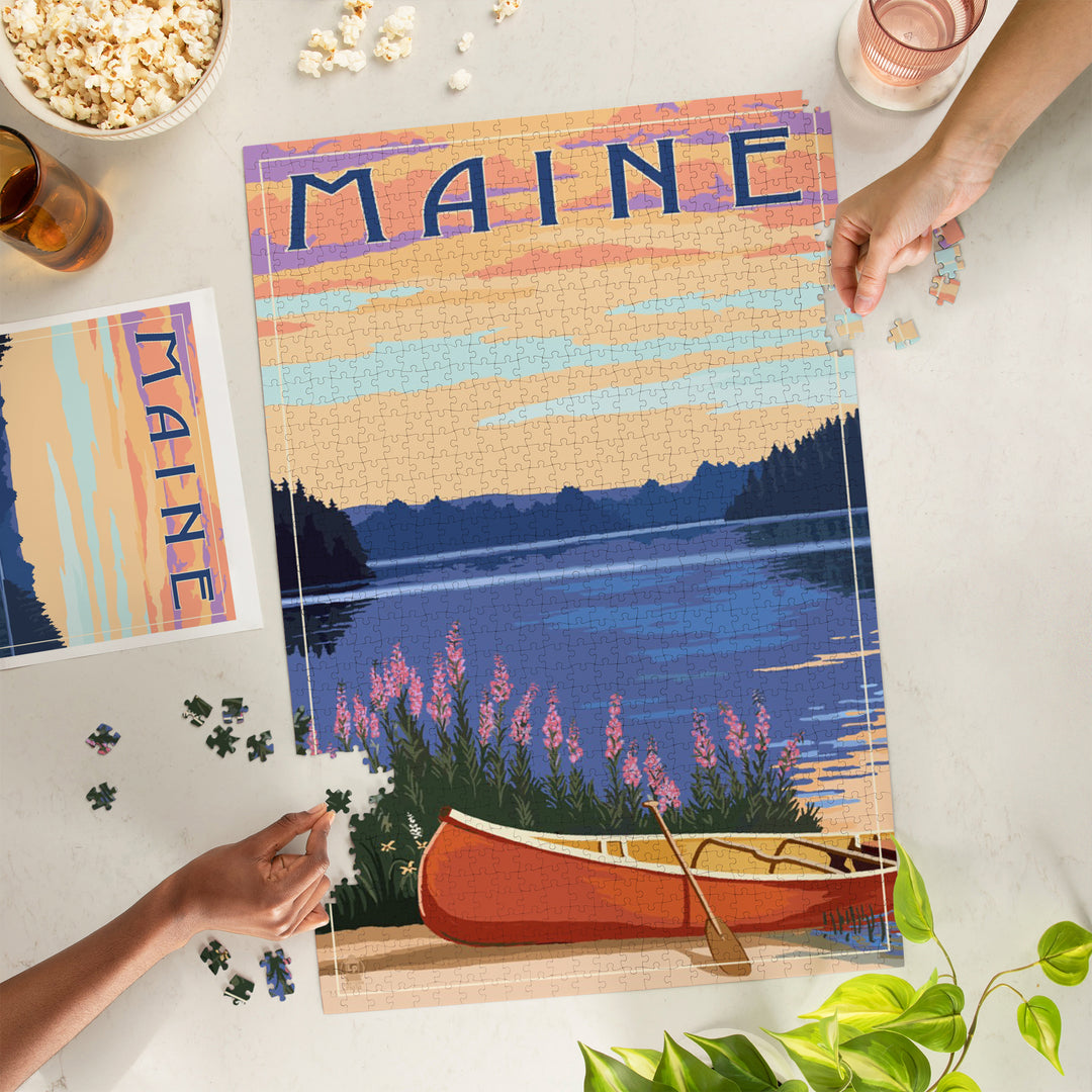 Maine, Canoe and Lake, Jigsaw Puzzle Puzzle Lantern Press 