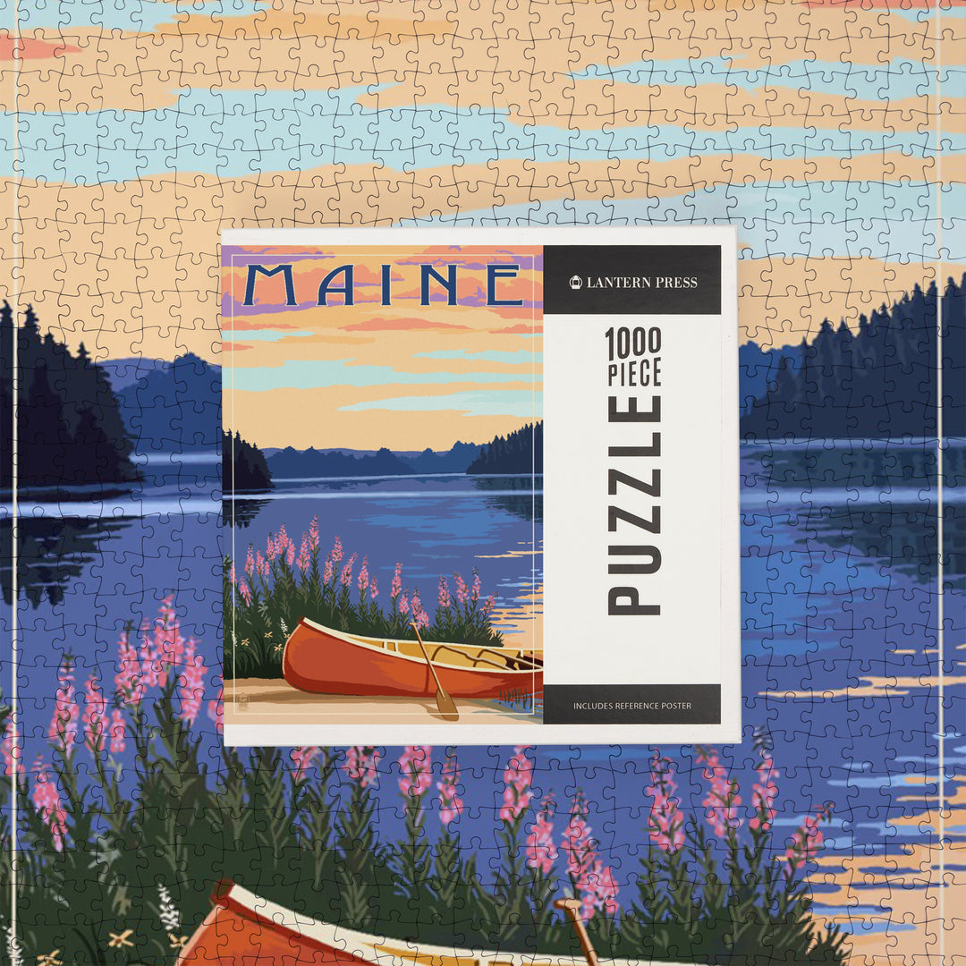 Maine, Canoe and Lake, Jigsaw Puzzle Puzzle Lantern Press 